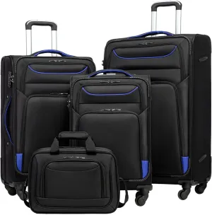 Coolife Luggage 4 Piece Set Suitcase TSA Lock Spinner Softshell lightweight(black blue)