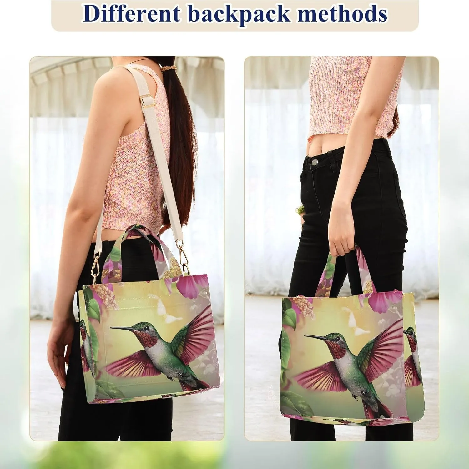Corduroy Tote Bag Fly Hummingbird Flower for Women Large Shoulder Bag with Pockets for Beach Work Travel Shopping S