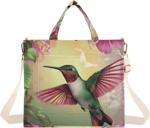 Corduroy Tote Bag Fly Hummingbird Flower for Women Large Shoulder Bag with Pockets for Beach Work Travel Shopping S