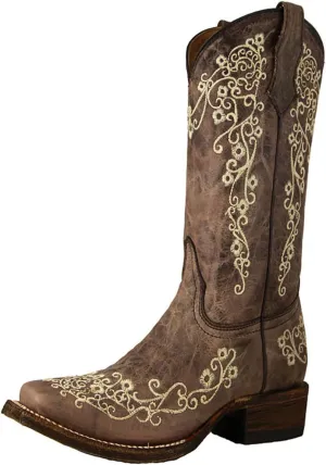 Corral Boots Kids Girls Floral Tooled Inlay Square Toe Casual Boots Mid Calf - Brown