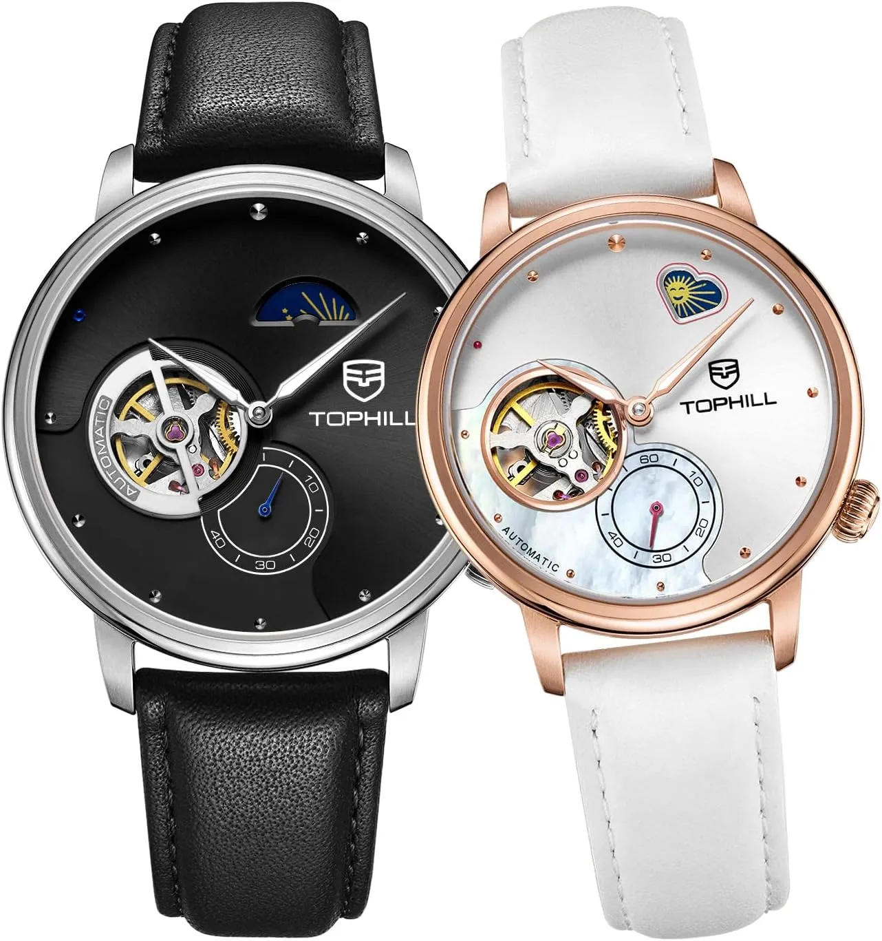 Couple Watches Men andWomen,Watch Automatic, Minimalist Wrist Watch, Sapphire Crystal, Calf-Leather Band, Day& Night Display Ultra Thin 11mm for Work Casual Dress