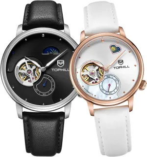 Couple Watches Men andWomen,Watch Automatic, Minimalist Wrist Watch, Sapphire Crystal, Calf-Leather Band, Day& Night Display Ultra Thin 11mm for Work Casual Dress