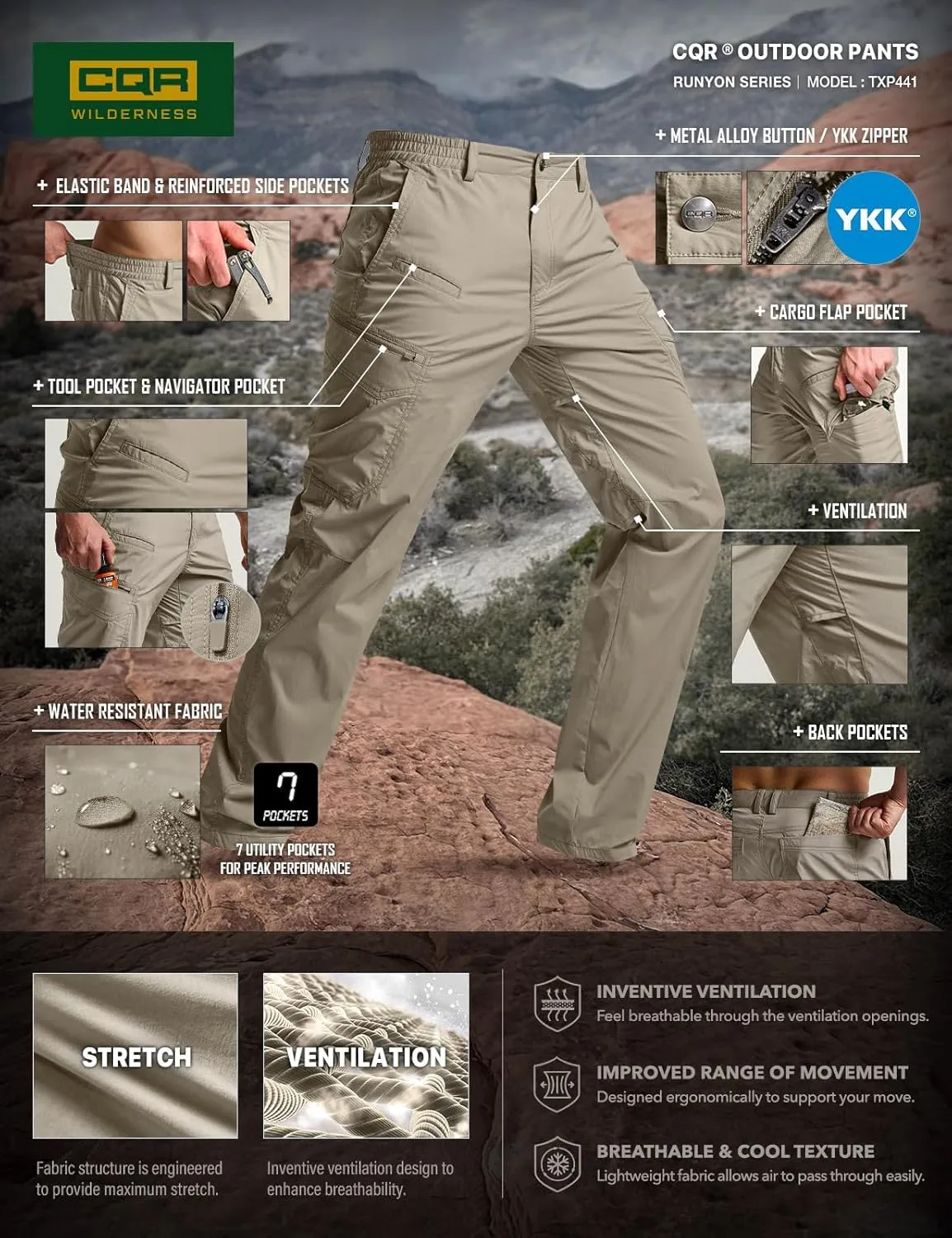 CQR Men's Quick Dry Tactical Pants, Water Resistant Outdoor Pants, Lightweight Stretch Cargo Work Hiking Pants
