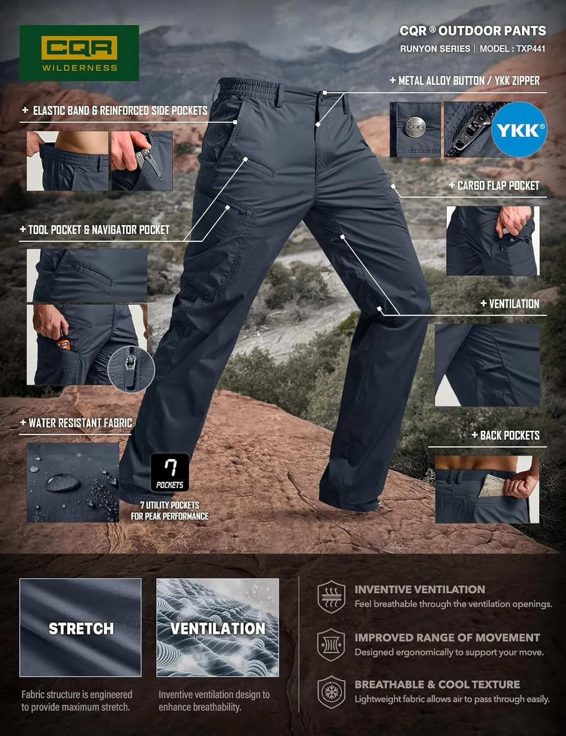 CQR Men's Quick Dry Tactical Pants, Water Resistant Outdoor Pants, Lightweight Stretch Cargo Work Hiking Pants
