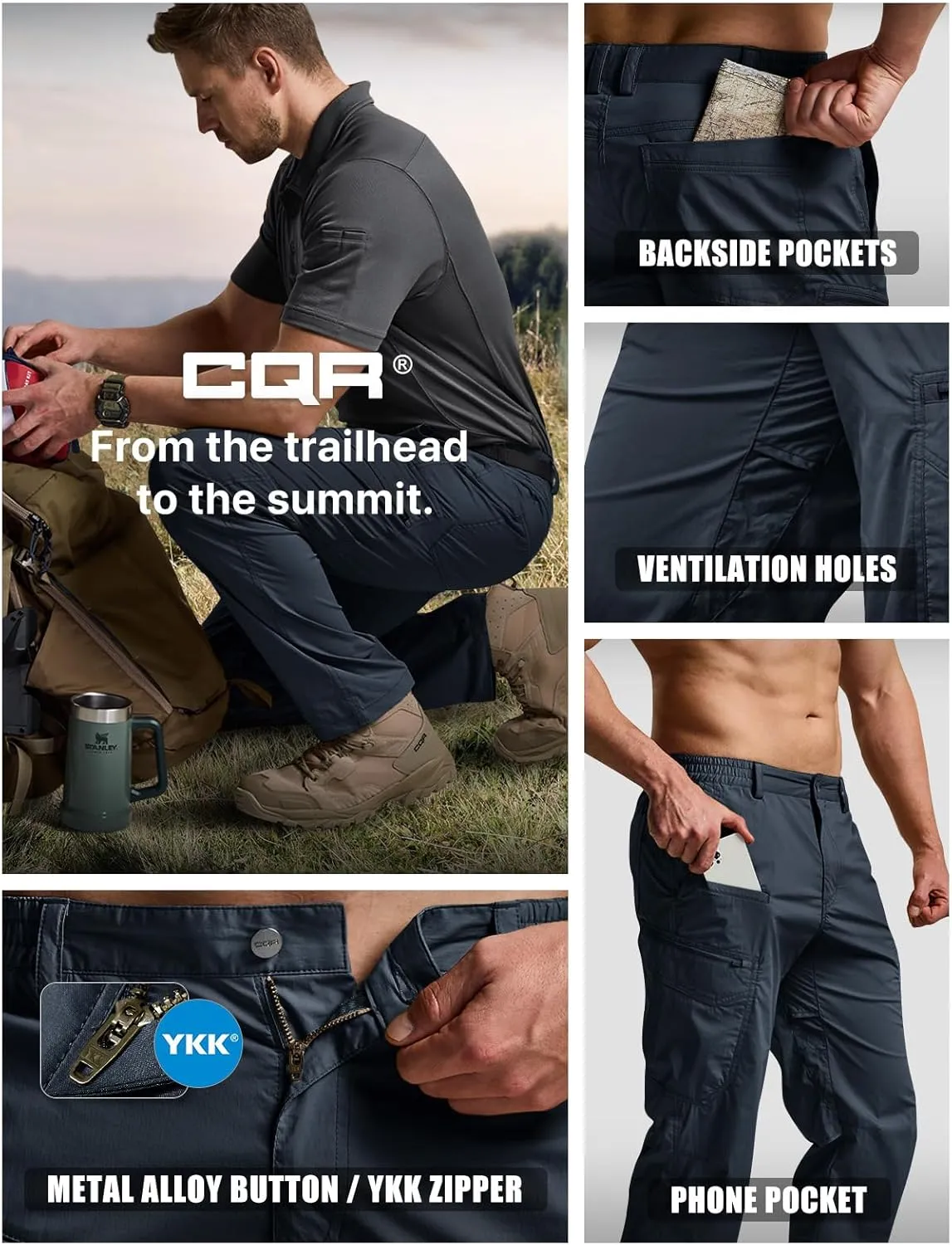 CQR Men's Quick Dry Tactical Pants, Water Resistant Outdoor Pants, Lightweight Stretch Cargo Work Hiking Pants