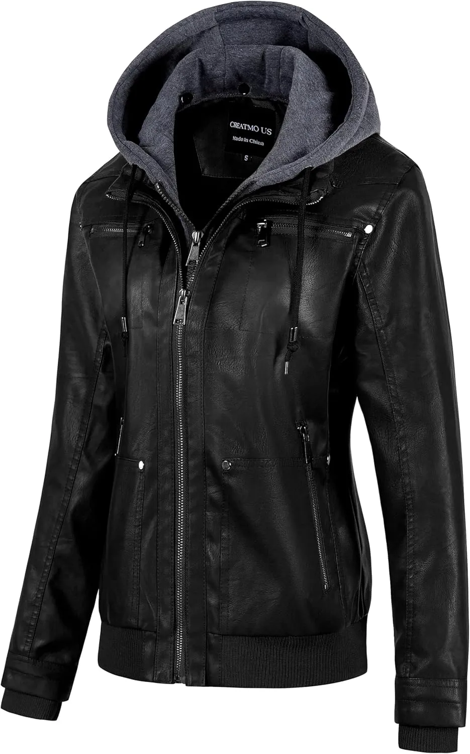 CREATMO US Women's Faux Leather Jacket Waterproof Motorcycle Bomber Jacket Vintage PU Moto Biker Coat With Removable Hood