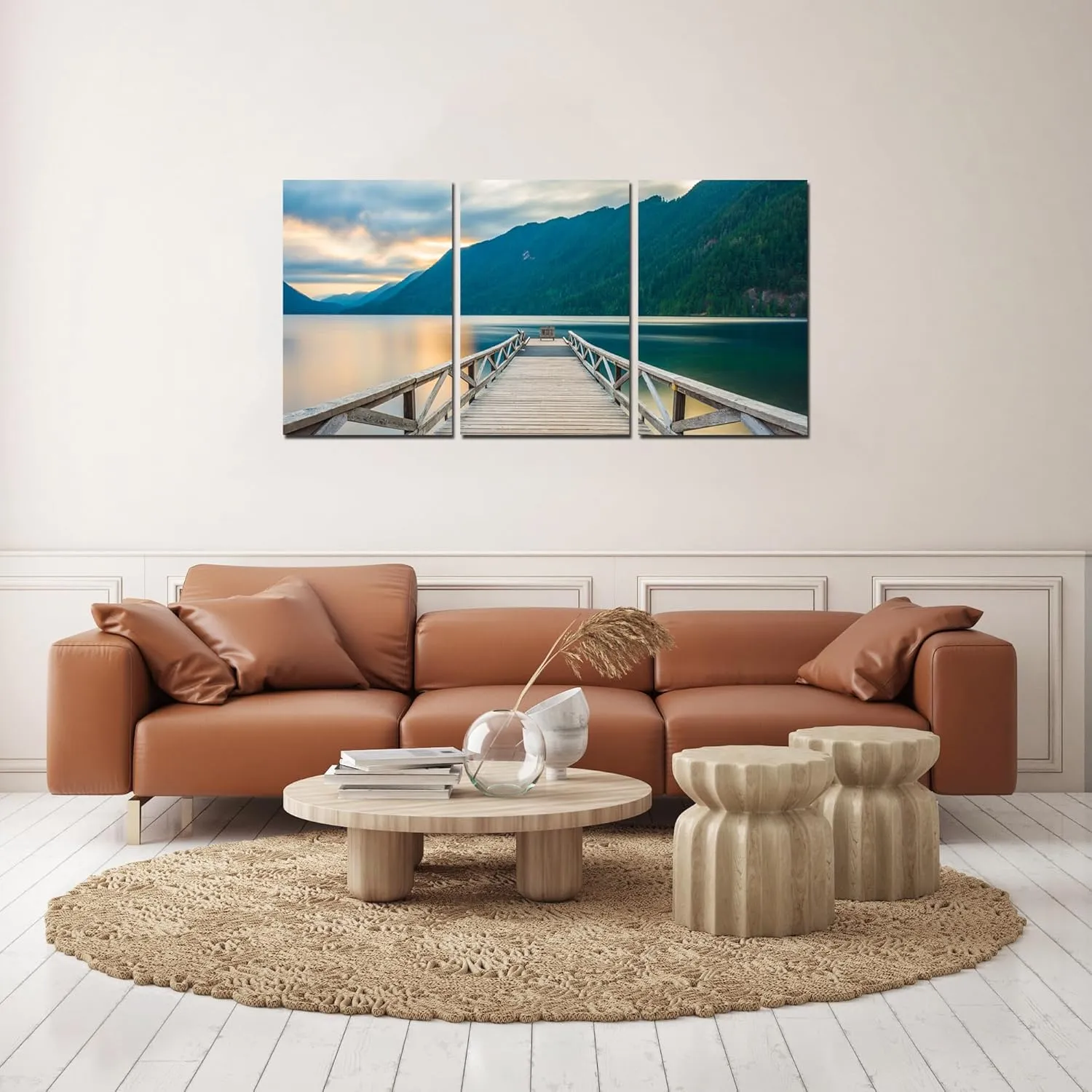 Crescent Lake Dock Canvas Print Washington Olympic National Park Wall Art Wall Decor Nature Landscape Picture Painting for Home Bedroom Decoration Poster with Frame Ready to Hang(60''Wx28''H)