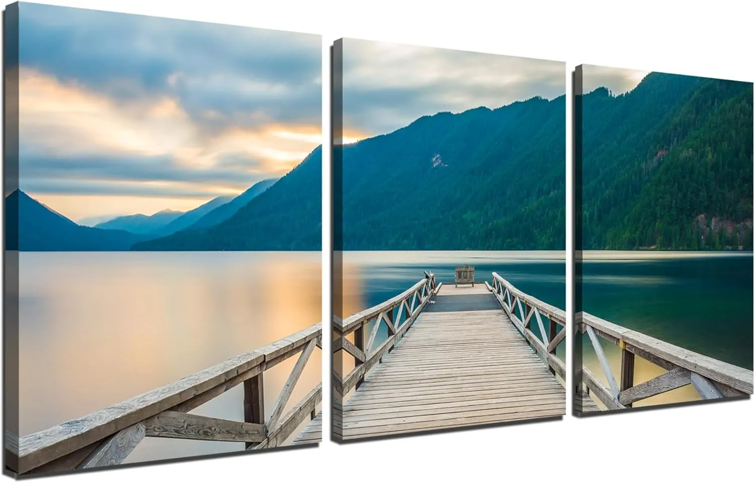 Crescent Lake Dock Canvas Print Washington Olympic National Park Wall Art Wall Decor Nature Landscape Picture Painting for Home Bedroom Decoration Poster with Frame Ready to Hang(60''Wx28''H)