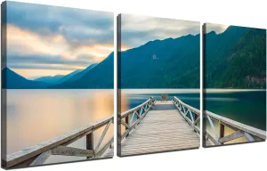 Crescent Lake Dock Canvas Print Washington Olympic National Park Wall Art Wall Decor Nature Landscape Picture Painting for Home Bedroom Decoration Poster with Frame Ready to Hang(60''Wx28''H)