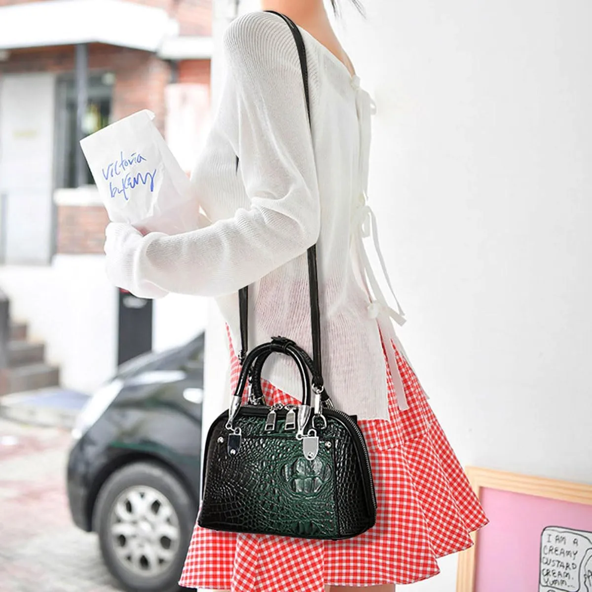 Crocodile Pattern Handbag Fashion PU Leather Top-Handle Purse Luxury Women Shoulder Bag Double Zipper Satchel Tote