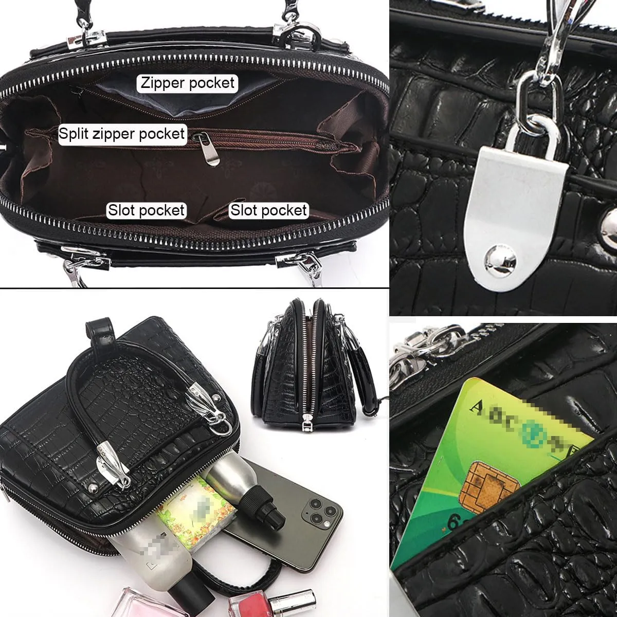 Crocodile Pattern Handbag Fashion PU Leather Top-Handle Purse Luxury Women Shoulder Bag Double Zipper Satchel Tote