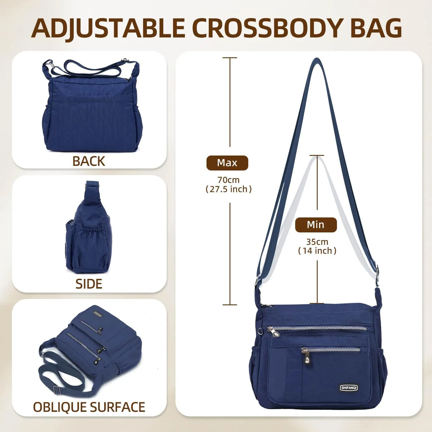 Crossbody Bag for Women, Multi Pockets Waterproof Nylon Shoulder Handbag, Lightweight Crossbody Purse for Ladies