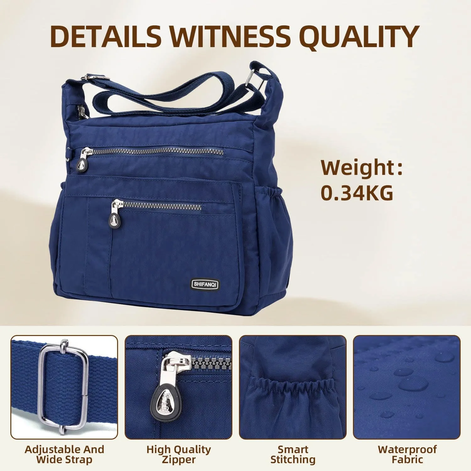 Crossbody Bag for Women, Multi Pockets Waterproof Nylon Shoulder Handbag, Lightweight Crossbody Purse for Ladies