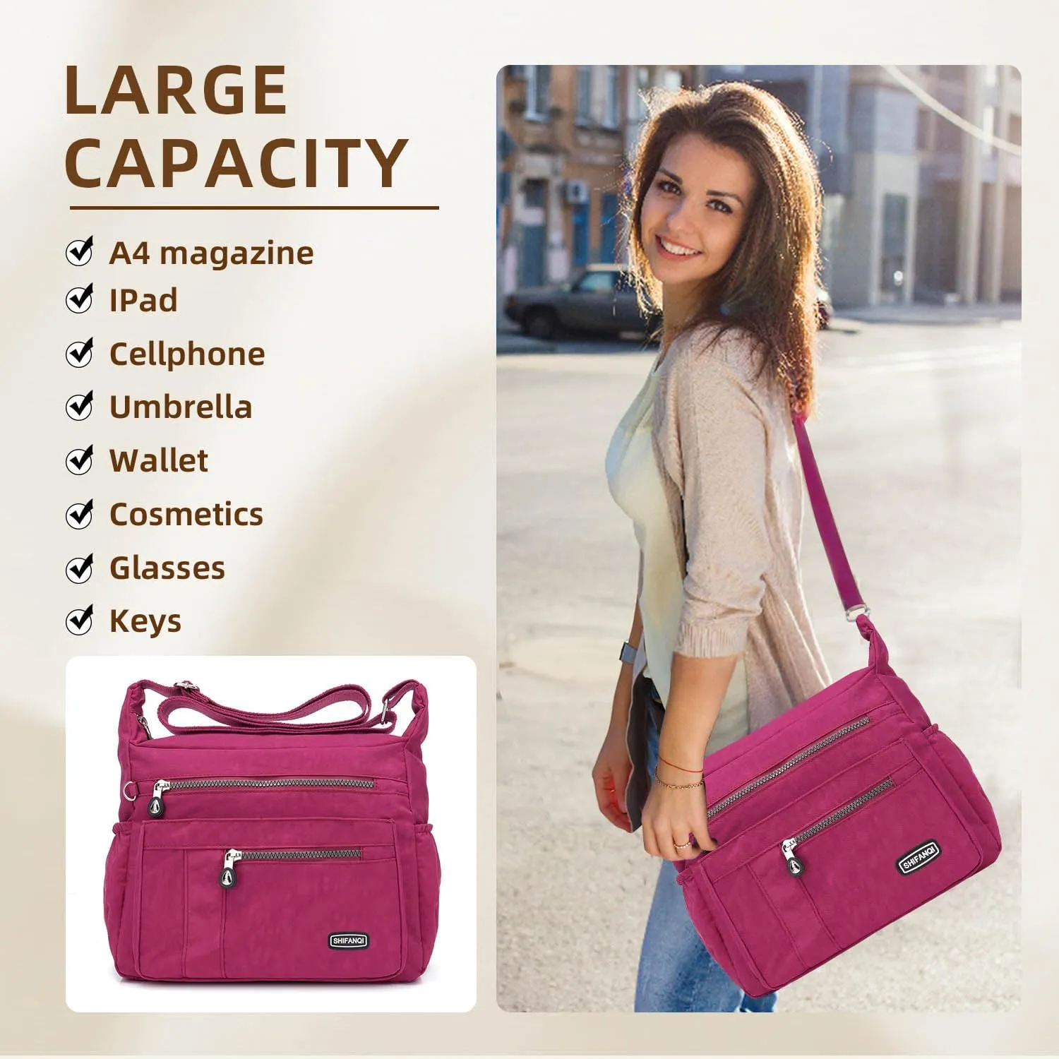 Crossbody Bag for Women, Multi Pockets Waterproof Nylon Shoulder Handbag, Lightweight Crossbody Purse for Ladies