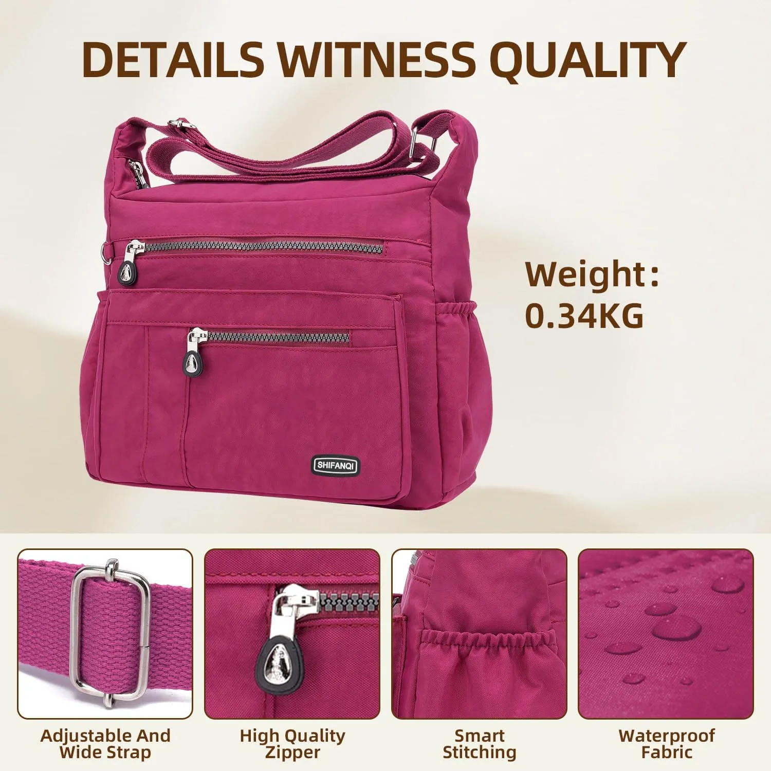 Crossbody Bag for Women, Multi Pockets Waterproof Nylon Shoulder Handbag, Lightweight Crossbody Purse for Ladies