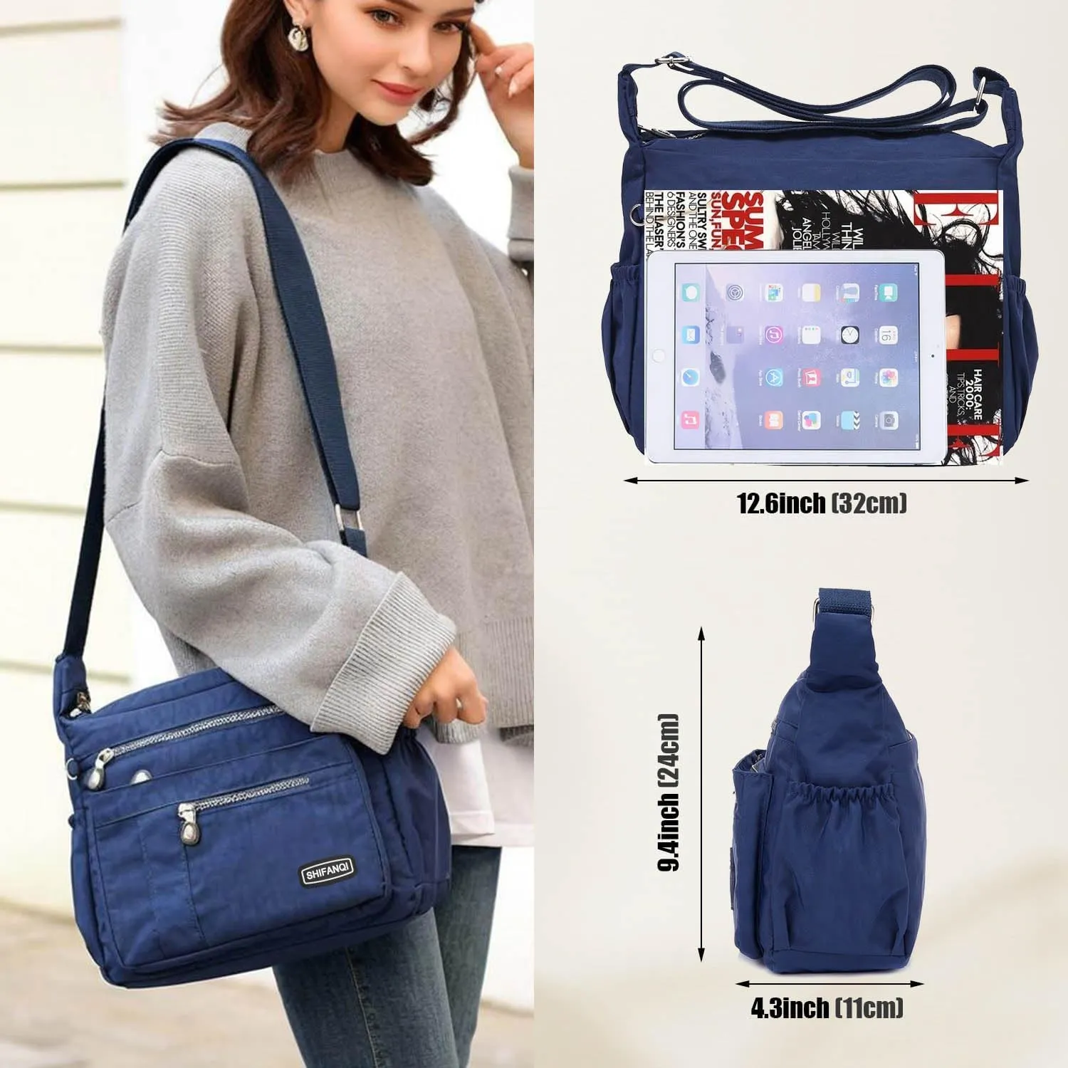 Crossbody Bag for Women, Multi Pockets Waterproof Nylon Shoulder Handbag, Lightweight Crossbody Purse for Ladies