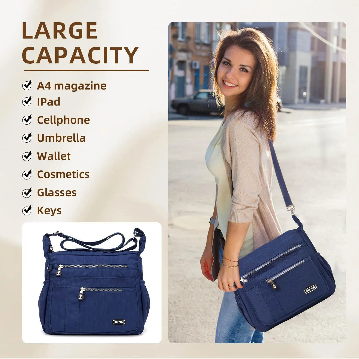 Crossbody Bag for Women, Multi Pockets Waterproof Nylon Shoulder Handbag, Lightweight Crossbody Purse for Ladies