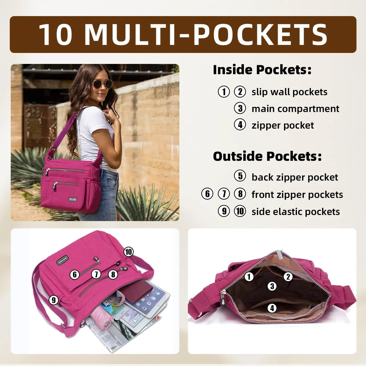 Crossbody Bag for Women, Multi Pockets Waterproof Nylon Shoulder Handbag, Lightweight Crossbody Purse for Ladies