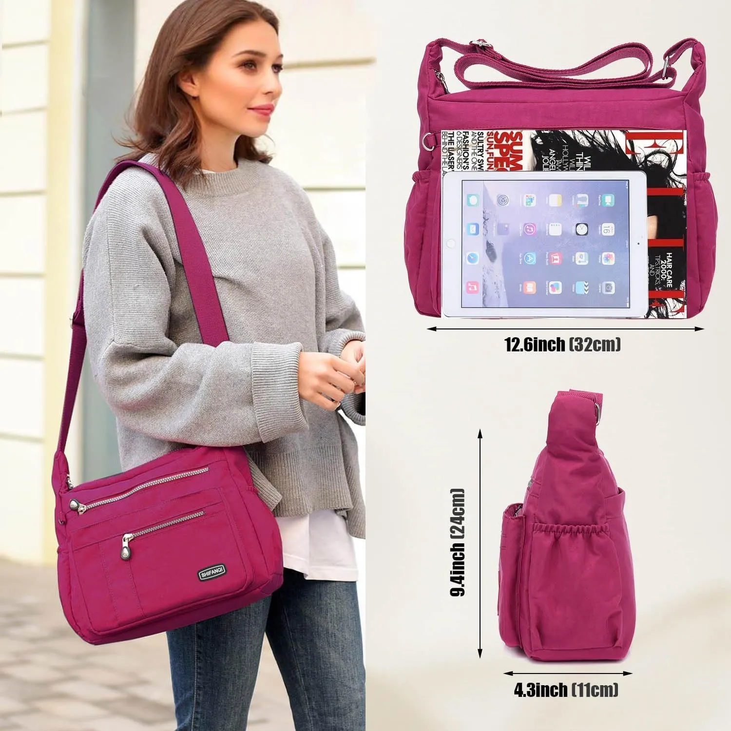 Crossbody Bag for Women, Multi Pockets Waterproof Nylon Shoulder Handbag, Lightweight Crossbody Purse for Ladies