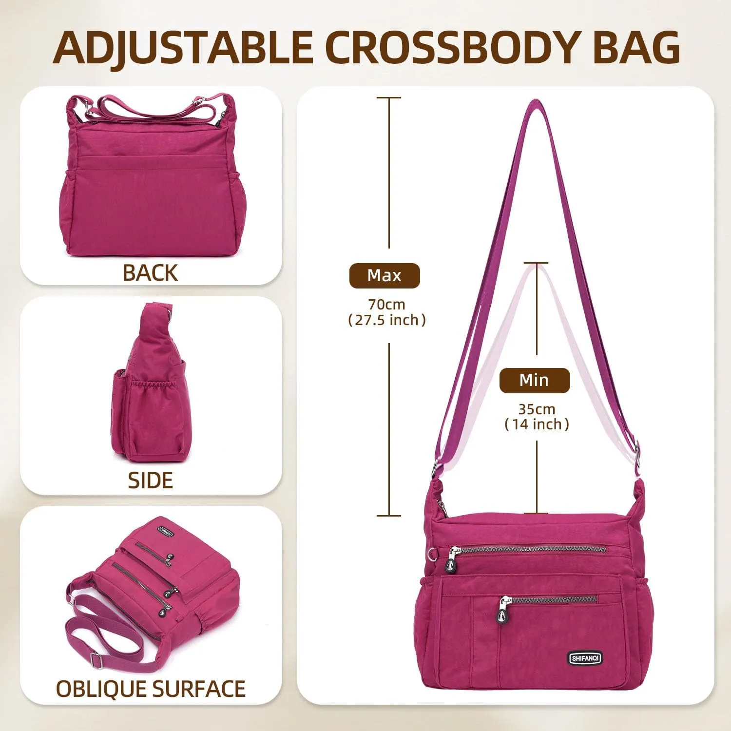 Crossbody Bag for Women, Multi Pockets Waterproof Nylon Shoulder Handbag, Lightweight Crossbody Purse for Ladies