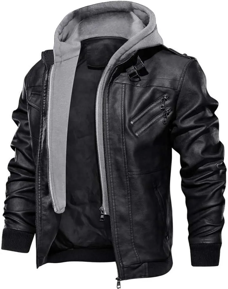 CRYSULLY Men's Leather Jacket-Fall Winter Vintage Motorcycle Biker Jacket with Removable Hood