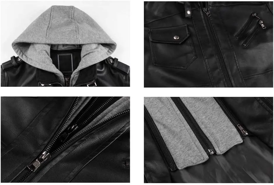 CRYSULLY Men's Leather Jacket-Fall Winter Vintage Motorcycle Biker Jacket with Removable Hood