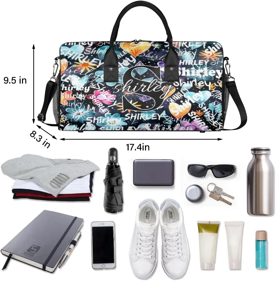Custom Gym Bag Sports Bag, Personalized Name Duffel Bag Travel Weekender Bags Waterproof Overnight Carry on Bag with Name, Blue Flower