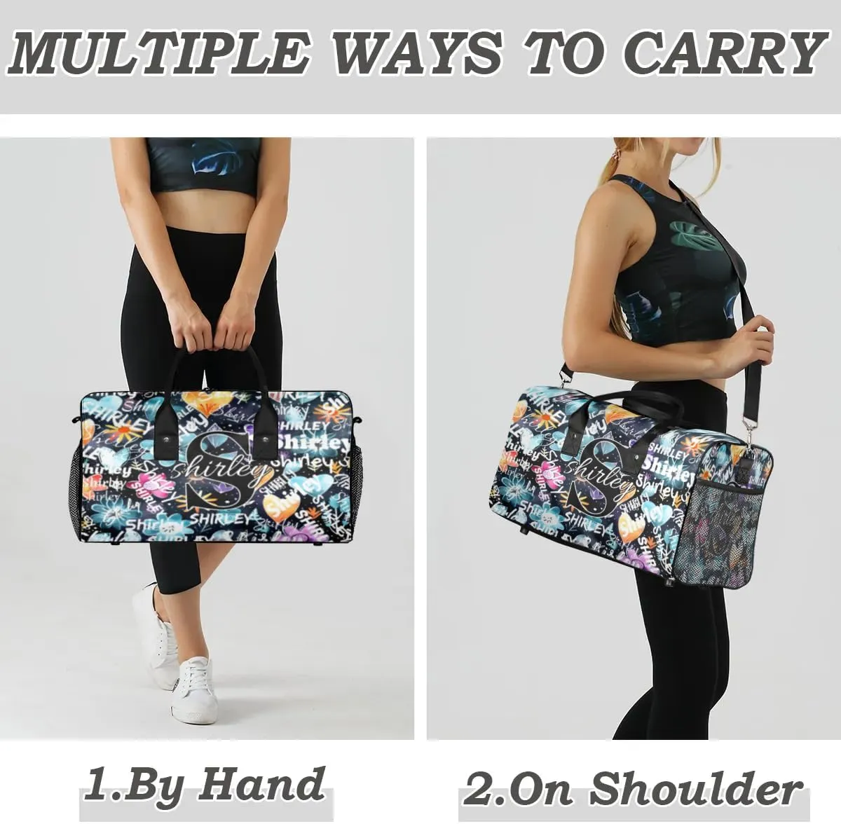 Custom Gym Bag Sports Bag, Personalized Name Duffel Bag Travel Weekender Bags Waterproof Overnight Carry on Bag with Name, Blue Flower