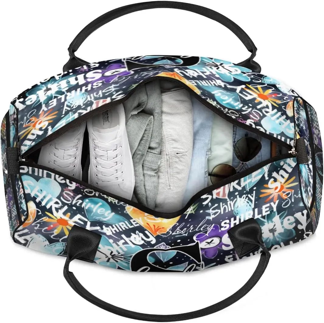 Custom Gym Bag Sports Bag, Personalized Name Duffel Bag Travel Weekender Bags Waterproof Overnight Carry on Bag with Name, Blue Flower