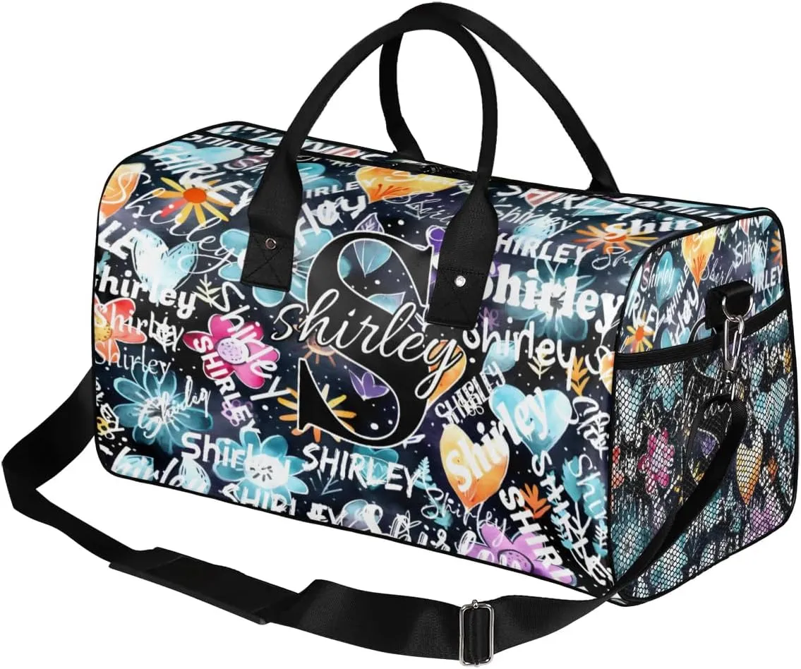 Custom Gym Bag Sports Bag, Personalized Name Duffel Bag Travel Weekender Bags Waterproof Overnight Carry on Bag with Name, Blue Flower