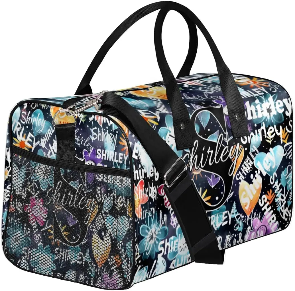 Custom Gym Bag Sports Bag, Personalized Name Duffel Bag Travel Weekender Bags Waterproof Overnight Carry on Bag with Name, Blue Flower