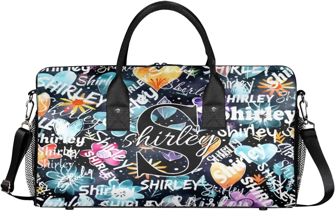 Custom Gym Bag Sports Bag, Personalized Name Duffel Bag Travel Weekender Bags Waterproof Overnight Carry on Bag with Name, Blue Flower