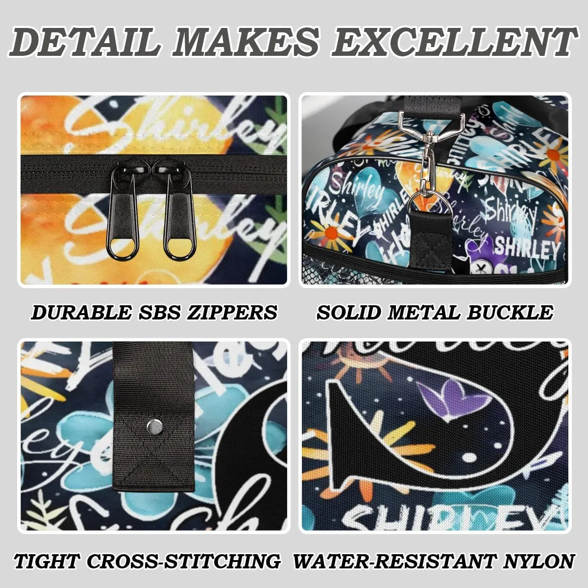 Custom Gym Bag Sports Bag, Personalized Name Duffel Bag Travel Weekender Bags Waterproof Overnight Carry on Bag with Name, Blue Flower