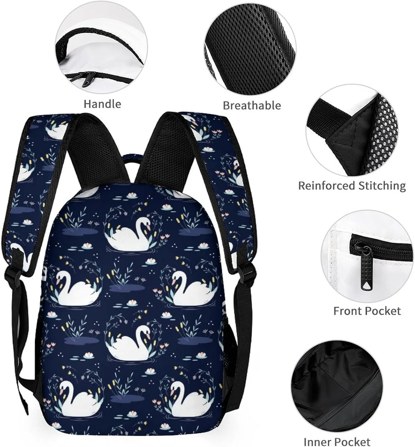 Custom Swan Backpack with Lunch Box & Pencil Case, 16 Inch Cute Swans Themed Bookbag, Adjustable Lightweight Large Capacity, Colorful Daily Casual Backpacks Set with Lunch Bag