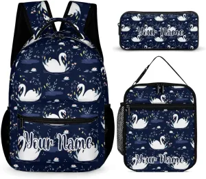 Custom Swan Backpack with Lunch Box & Pencil Case, 16 Inch Cute Swans Themed Bookbag, Adjustable Lightweight Large Capacity, Colorful Daily Casual Backpacks Set with Lunch Bag
