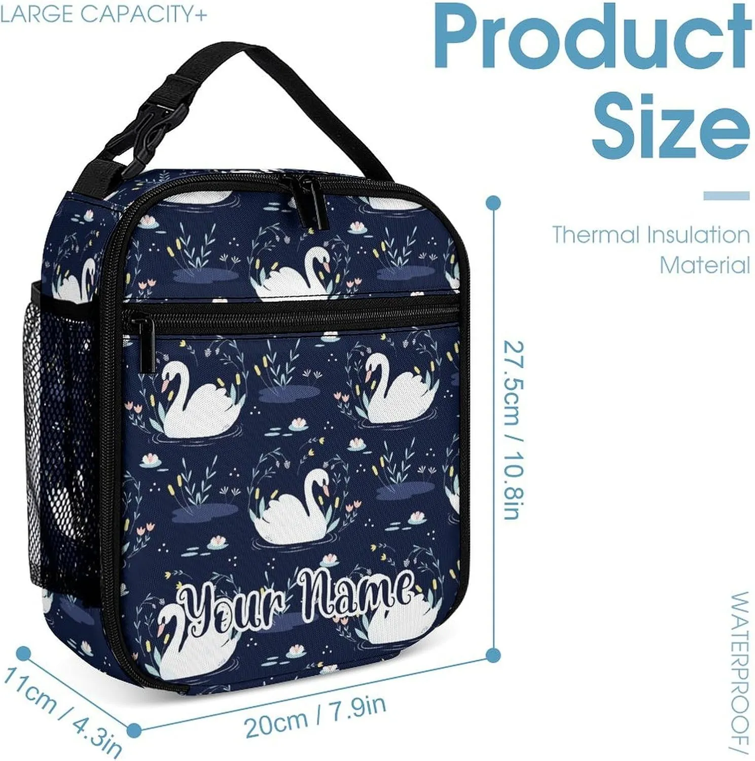 Custom Swan Backpack with Lunch Box & Pencil Case, 16 Inch Cute Swans Themed Bookbag, Adjustable Lightweight Large Capacity, Colorful Daily Casual Backpacks Set with Lunch Bag