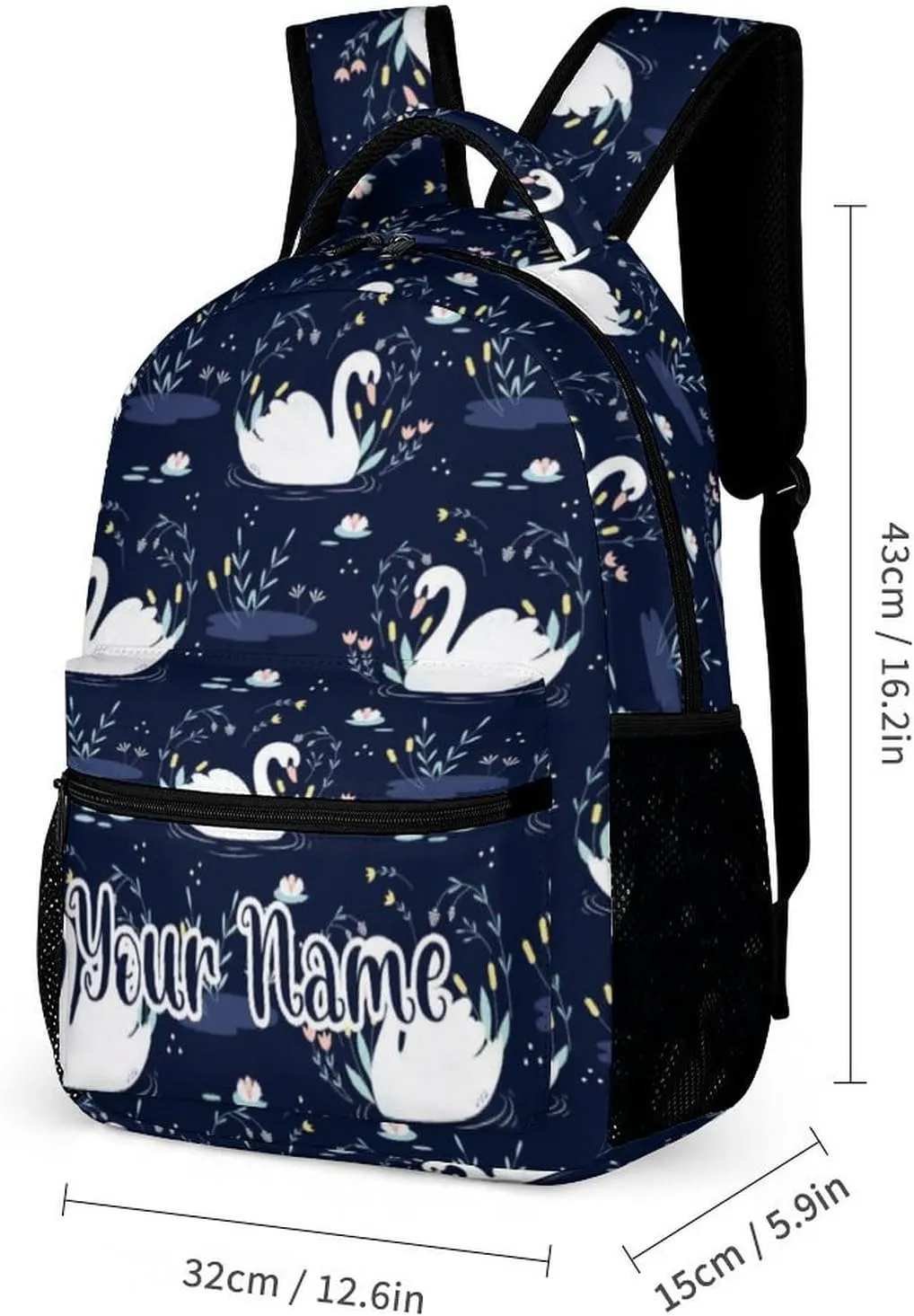 Custom Swan Backpack with Lunch Box & Pencil Case, 16 Inch Cute Swans Themed Bookbag, Adjustable Lightweight Large Capacity, Colorful Daily Casual Backpacks Set with Lunch Bag