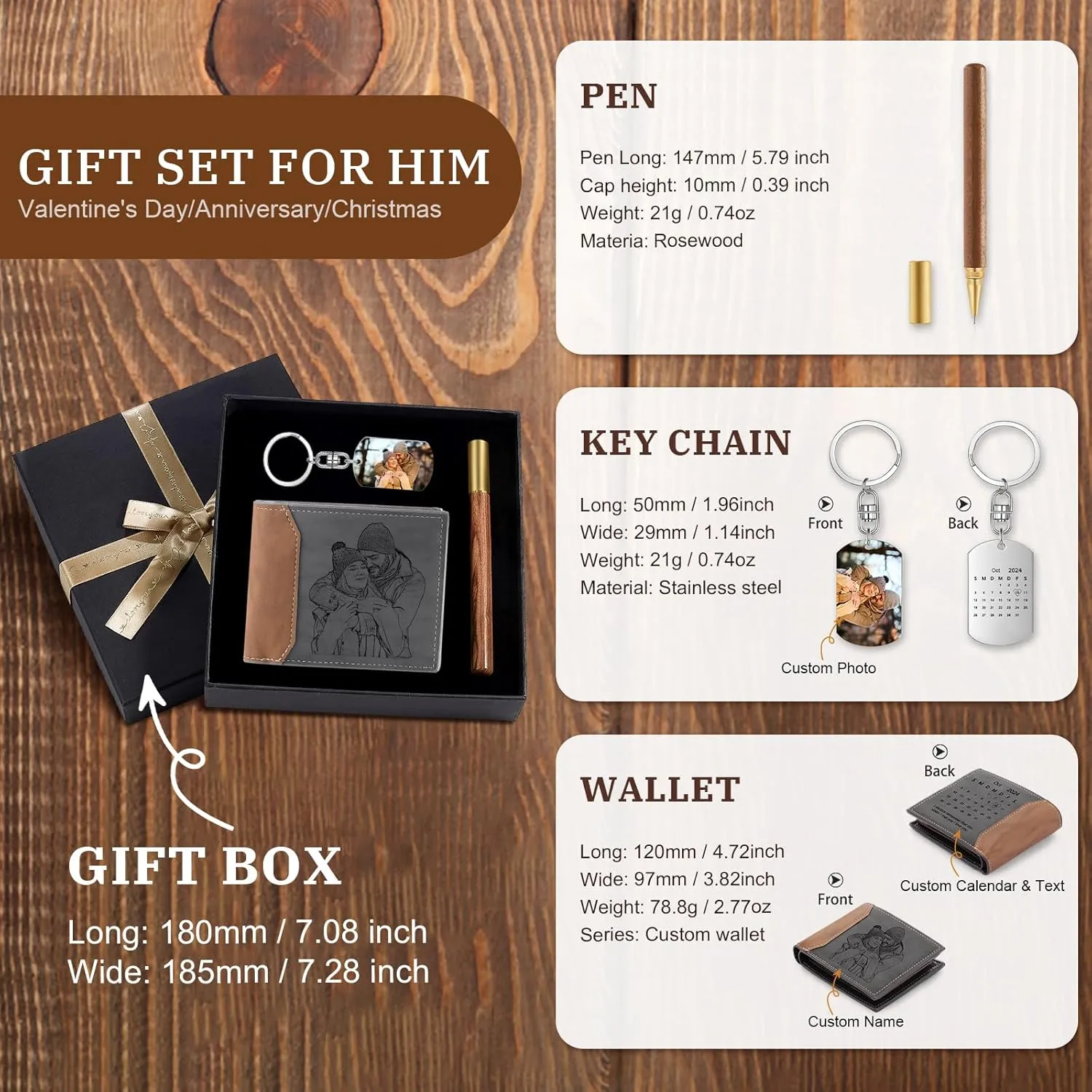 Custom Wallets for Men - Personalized Leather Wallet with Photo Engraved - Gift for Husband Boyfriend Valentine's Day Anniversary