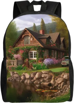 Cute Backpack Waterproof Lightweight Casual Daypack Lakeside Cottage Travel Laptop Bag For Women Men