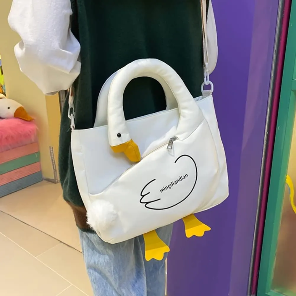 Cute Cartoon Goose Messenger Crossbody Bag For Women, Waterproof Large Capacity Shoulder Bag,Funny Doll Nylon Handbag Purses