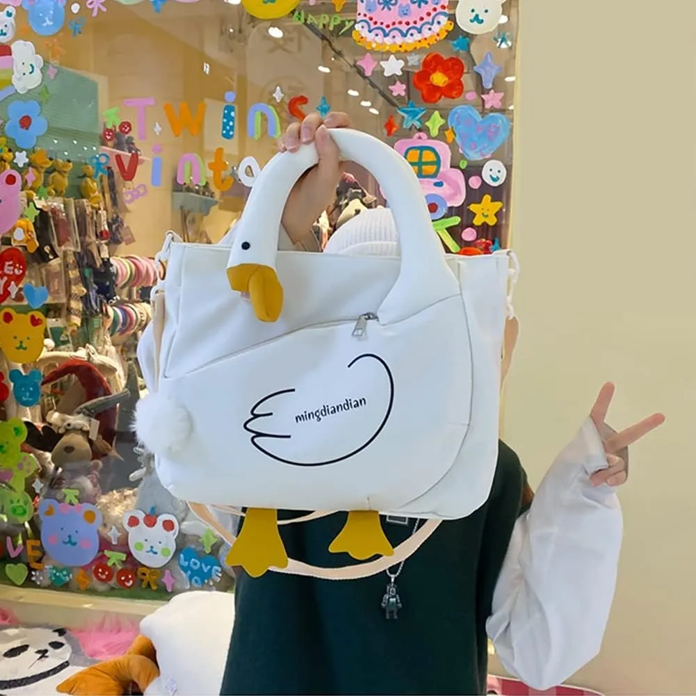 Cute Cartoon Goose Messenger Crossbody Bag For Women, Waterproof Large Capacity Shoulder Bag,Funny Doll Nylon Handbag Purses