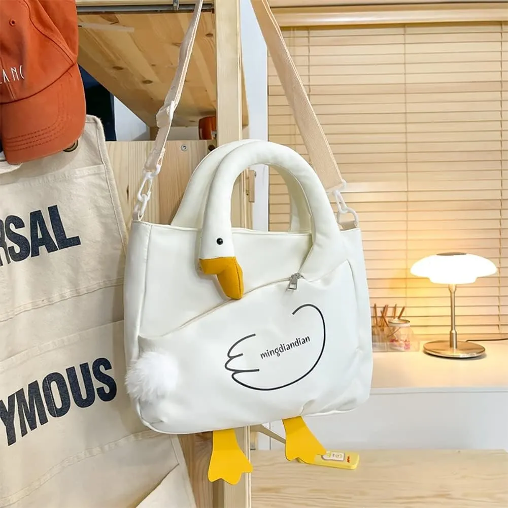 Cute Cartoon Goose Messenger Crossbody Bag For Women, Waterproof Large Capacity Shoulder Bag,Funny Doll Nylon Handbag Purses