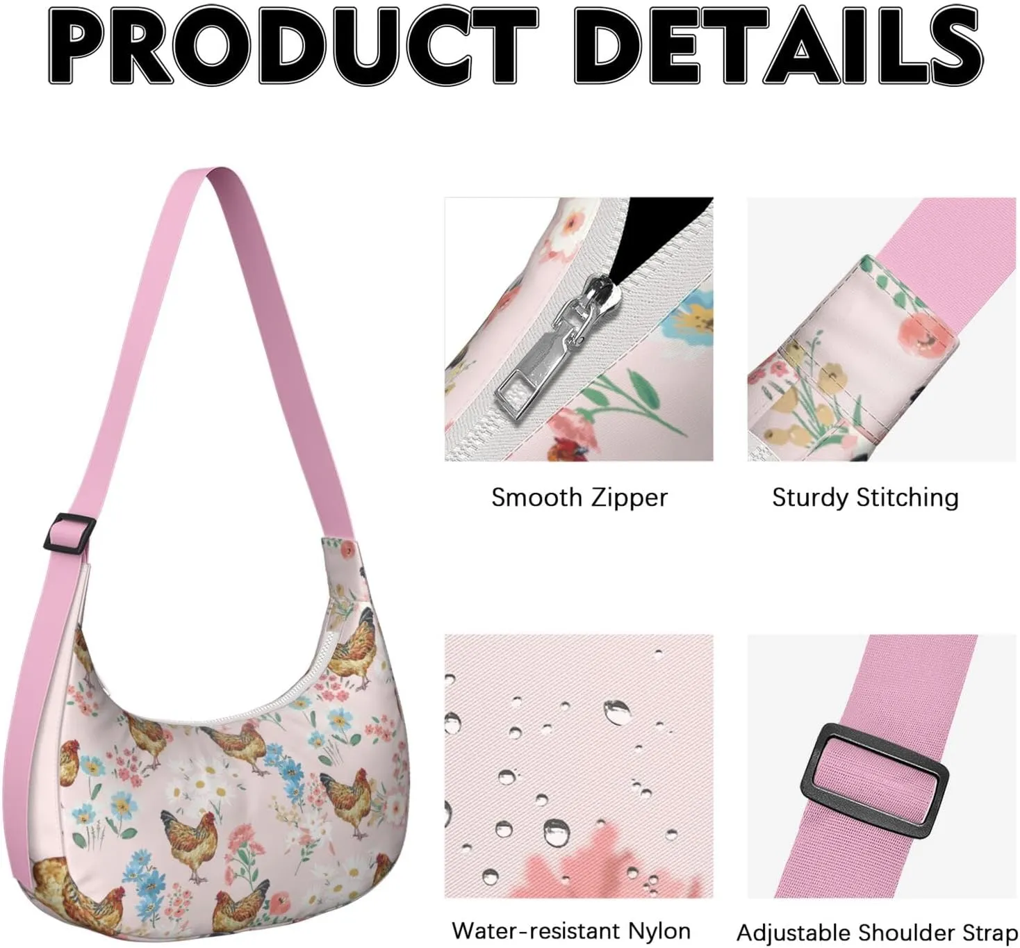 Cute Chickens Print Waterproof Nylon Crescent Shoulder Bag Crossbody Bag for Women Travel Sling Bag Adjustable Strap
