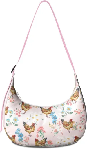 Cute Chickens Print Waterproof Nylon Crescent Shoulder Bag Crossbody Bag for Women Travel Sling Bag Adjustable Strap