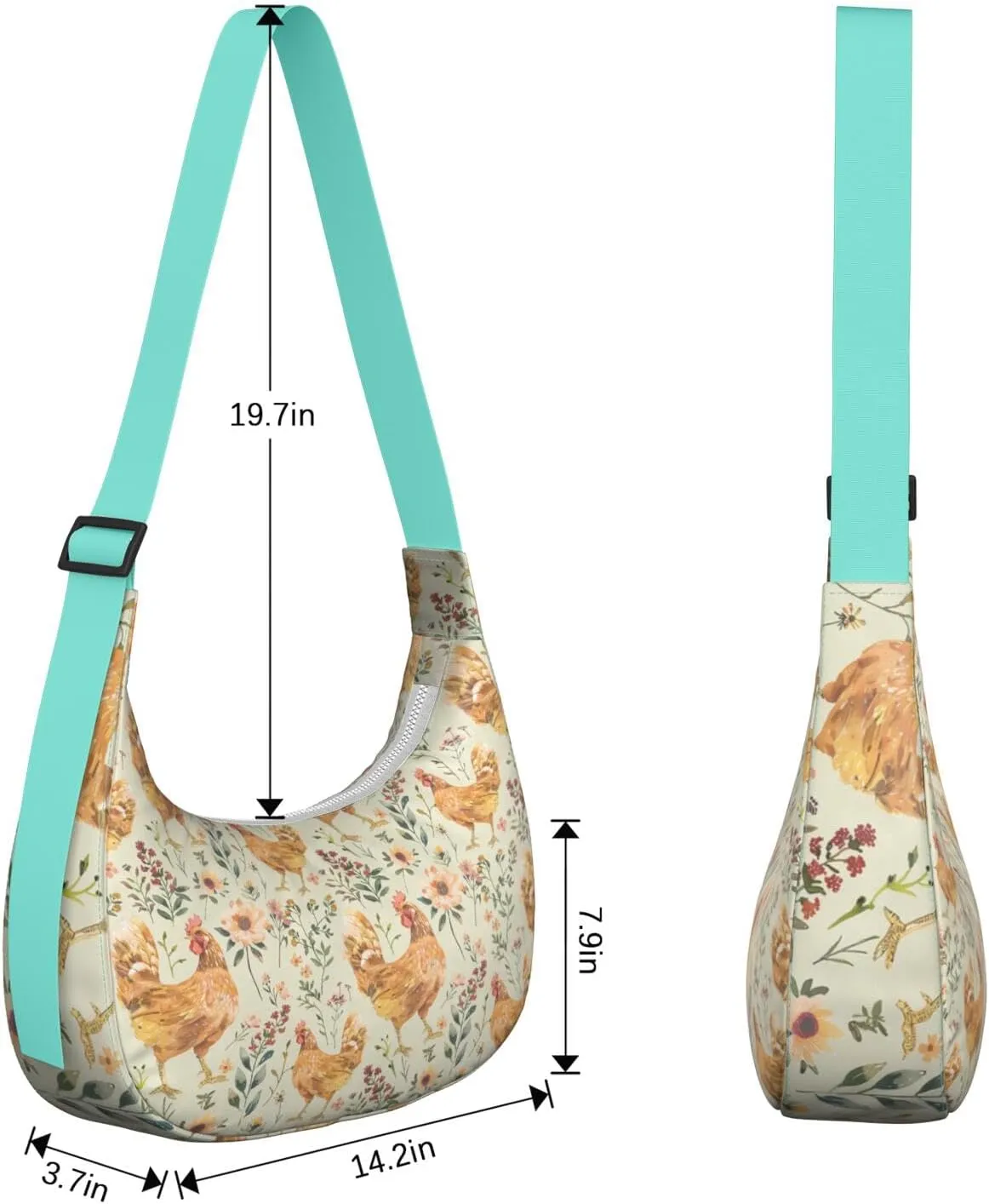 Cute Chickens Print Waterproof Nylon Crescent Shoulder Bag Crossbody Bag for Women Travel Sling Bag Adjustable Strap