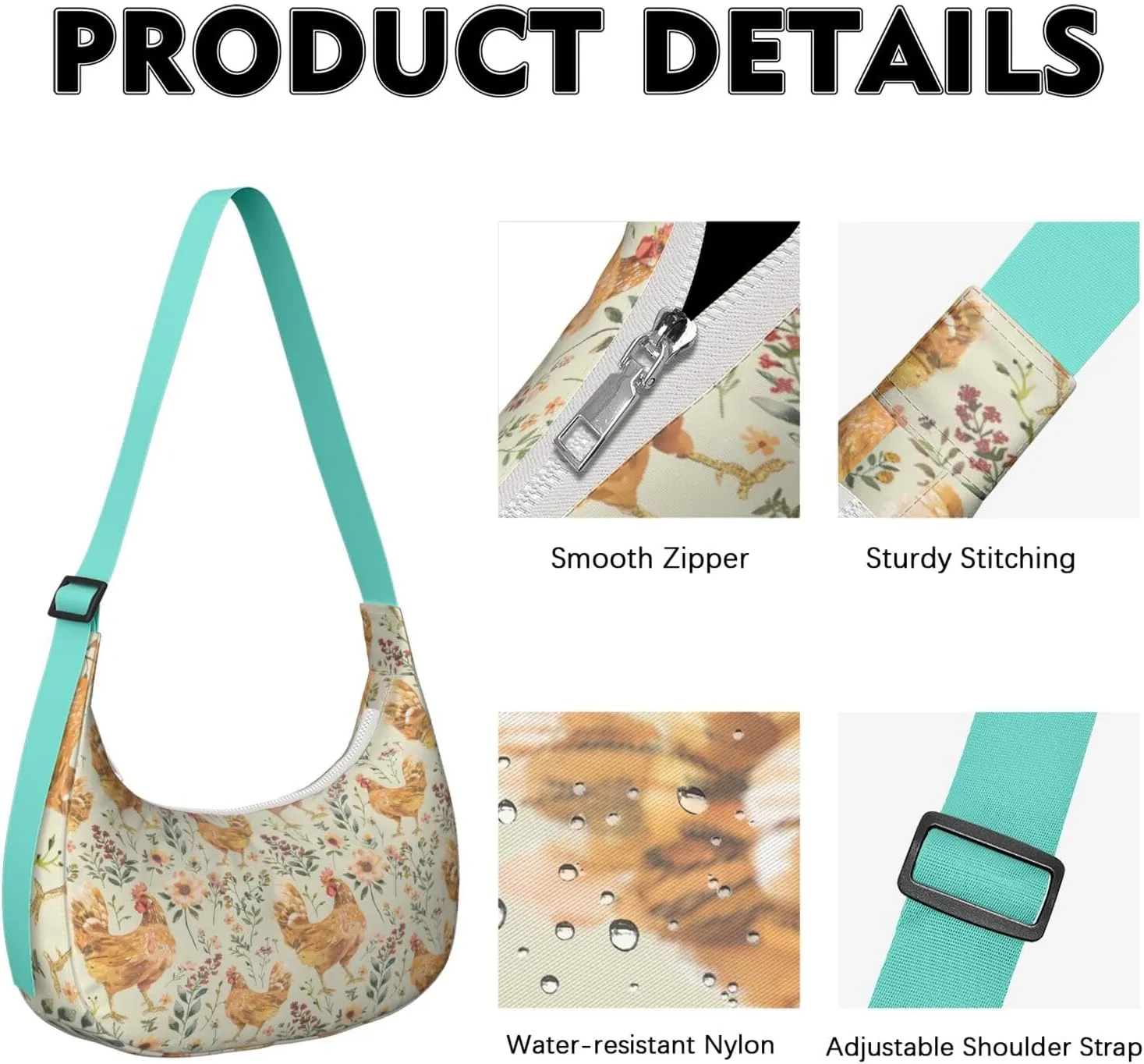 Cute Chickens Print Waterproof Nylon Crescent Shoulder Bag Crossbody Bag for Women Travel Sling Bag Adjustable Strap