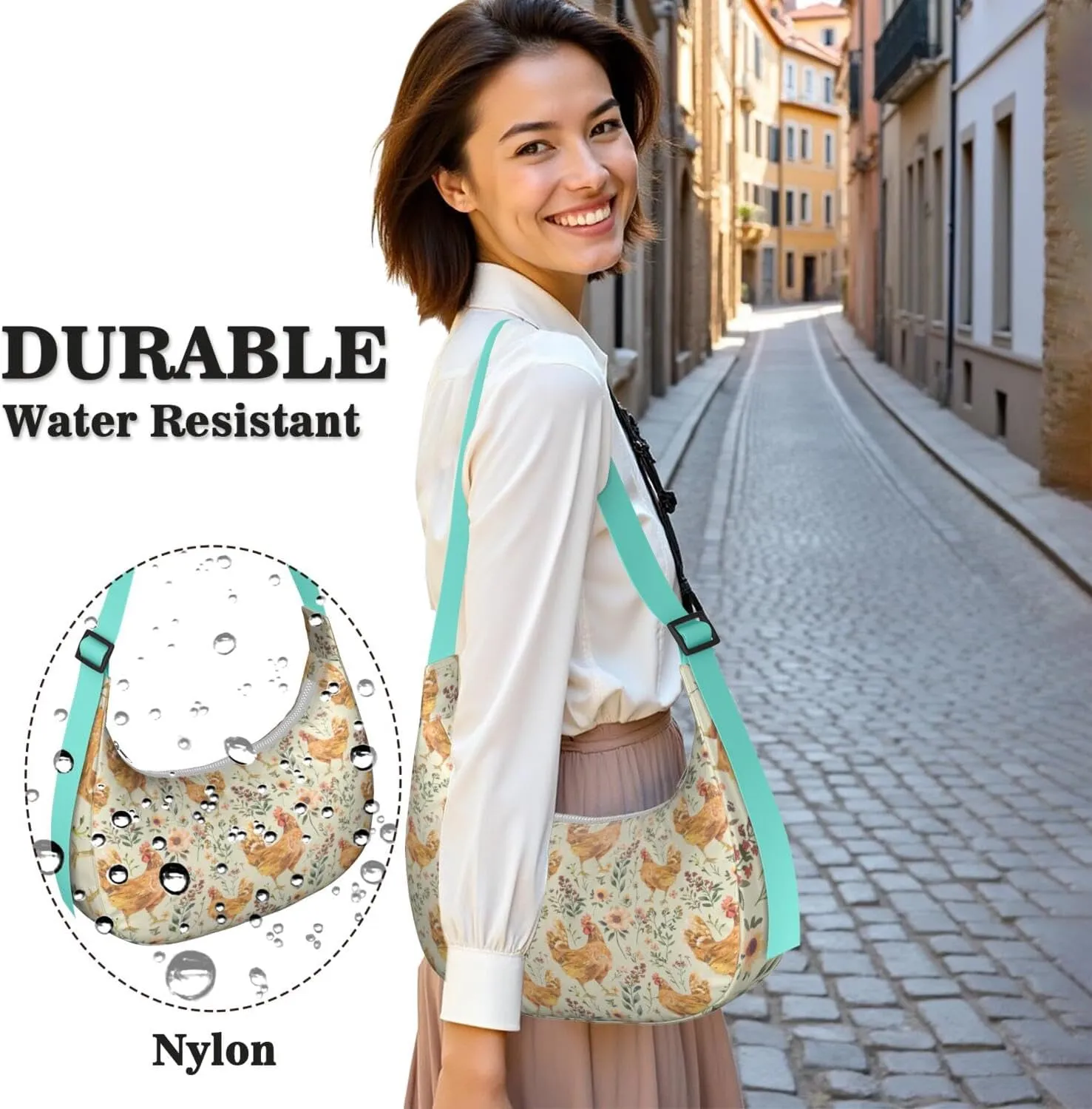 Cute Chickens Print Waterproof Nylon Crescent Shoulder Bag Crossbody Bag for Women Travel Sling Bag Adjustable Strap