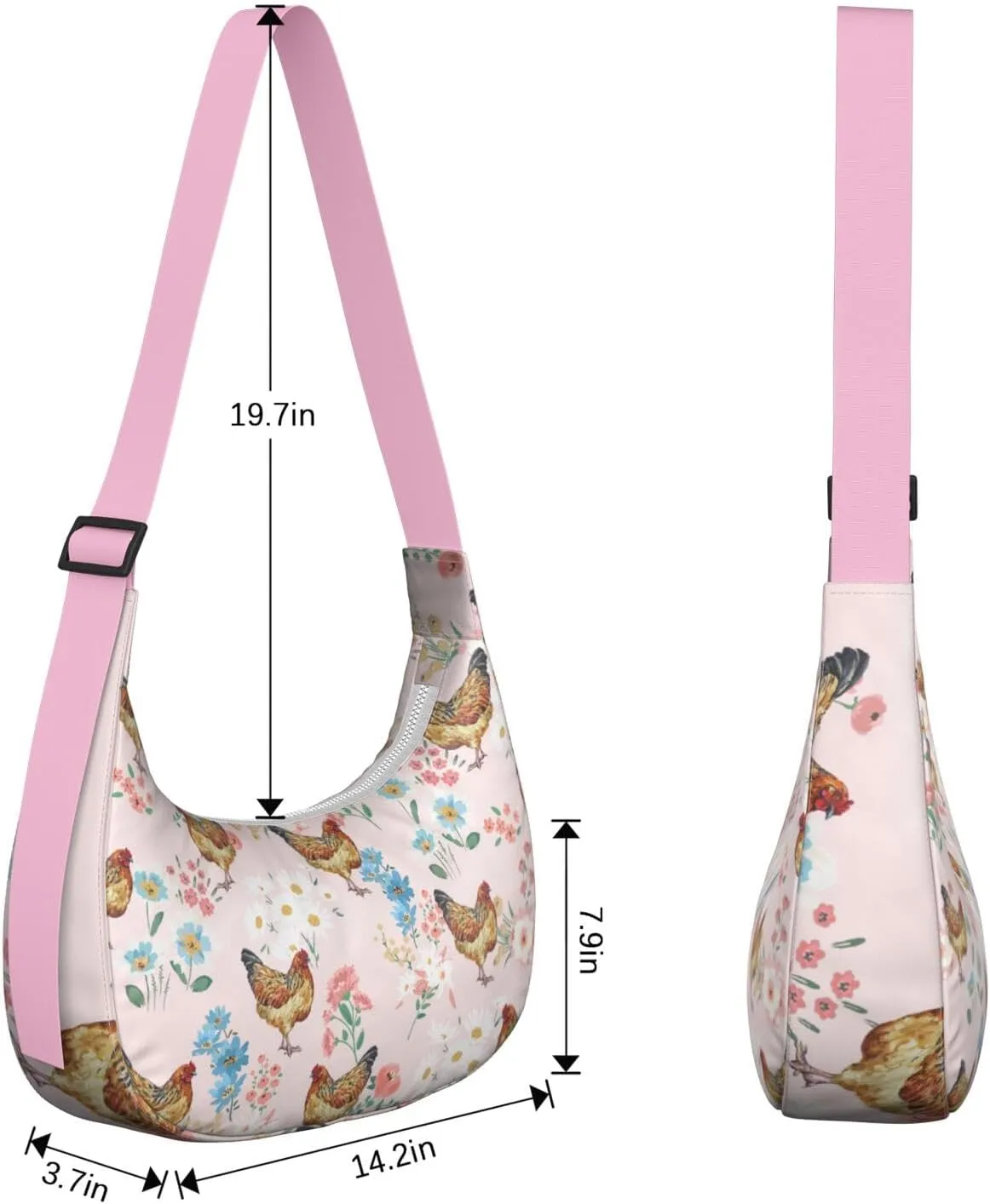 Cute Chickens Print Waterproof Nylon Crescent Shoulder Bag Crossbody Bag for Women Travel Sling Bag Adjustable Strap