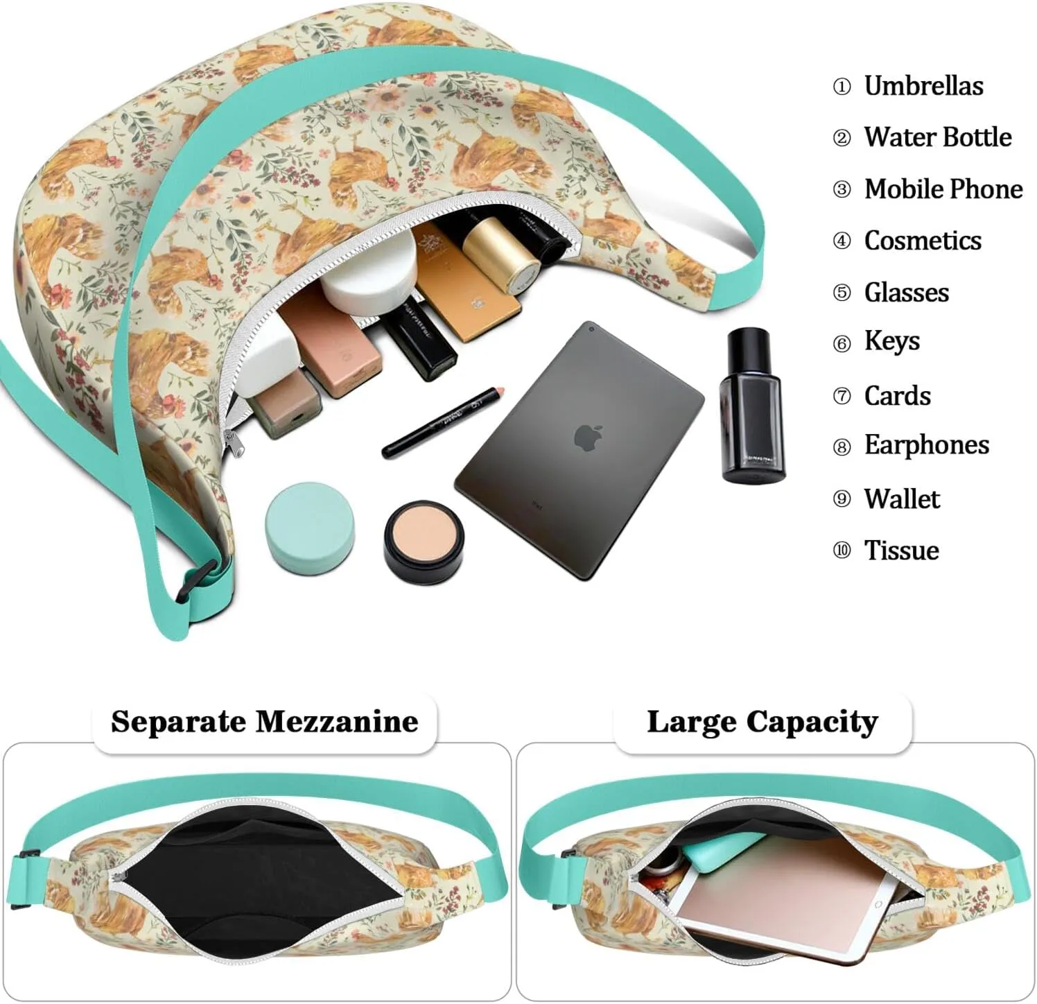 Cute Chickens Print Waterproof Nylon Crescent Shoulder Bag Crossbody Bag for Women Travel Sling Bag Adjustable Strap