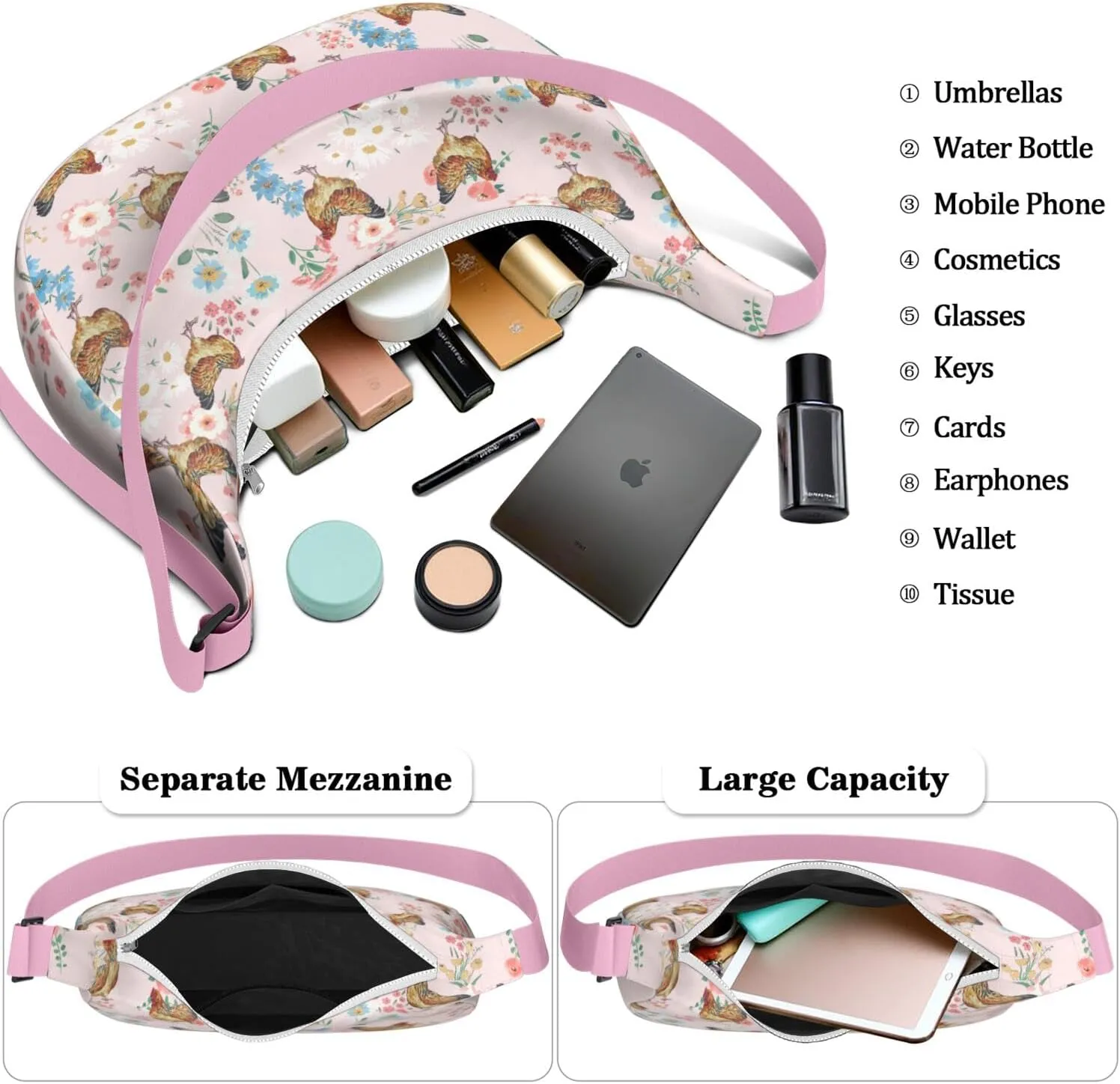 Cute Chickens Print Waterproof Nylon Crescent Shoulder Bag Crossbody Bag for Women Travel Sling Bag Adjustable Strap